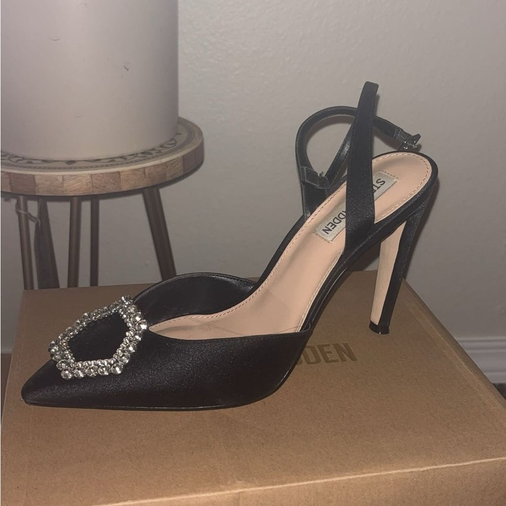 Steve Madden Black Satin Heels with Sparkling Buckle